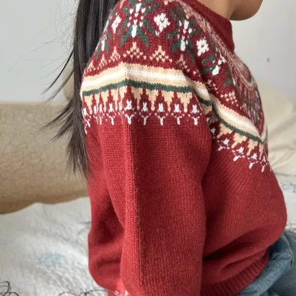 新款冬季女童费尔岛加厚针织衫洋气圆领套头毛衣上衣