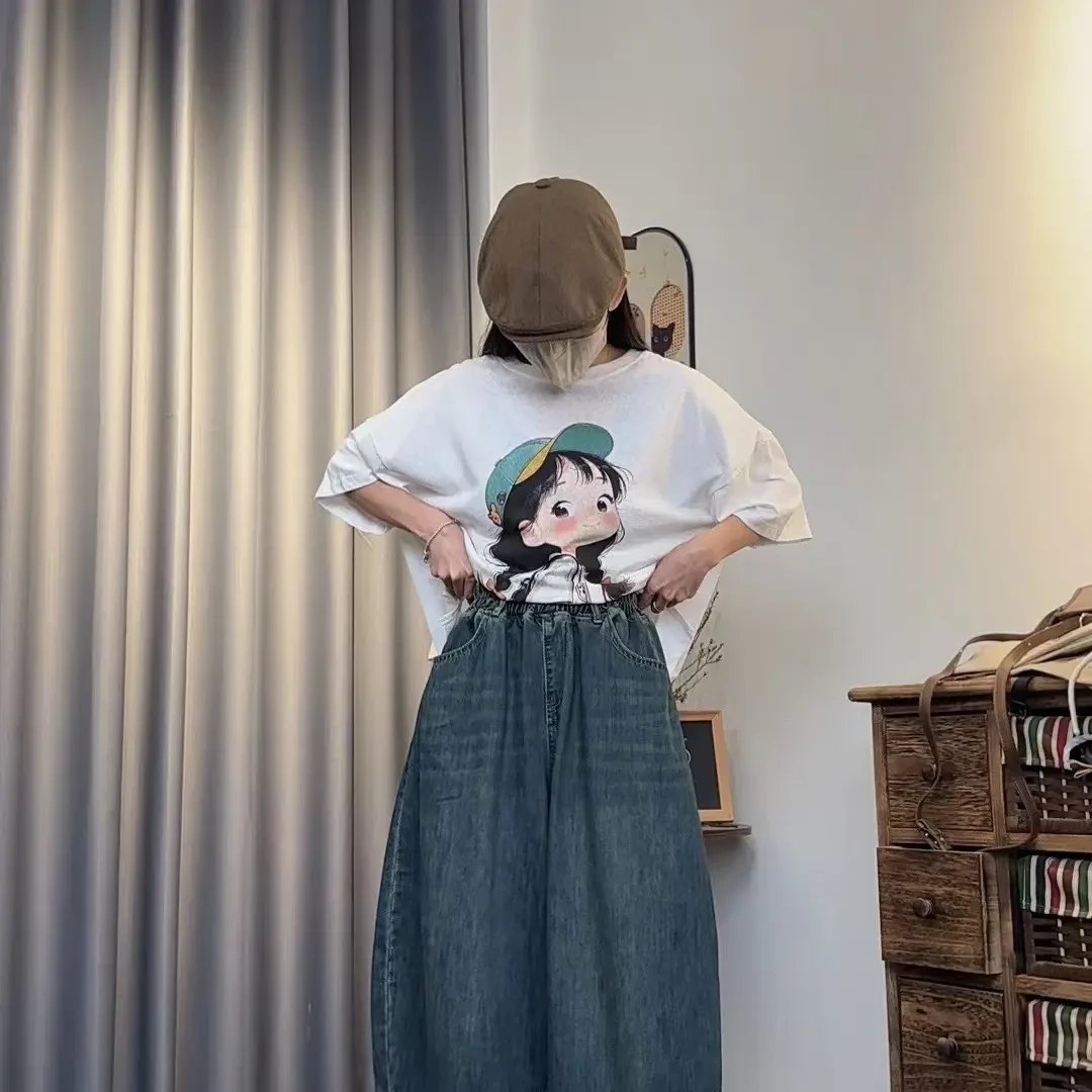 宽松型拼接抗皱纯色印花短袖卡通小女孩印花T恤