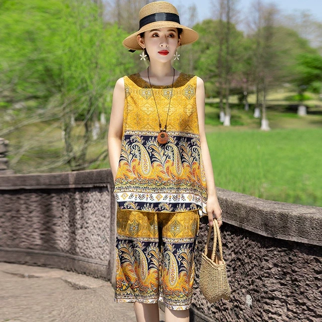 中老年妈妈装棉绸两件套夏季睡衣短裤女装印花无袖民族风外穿套装