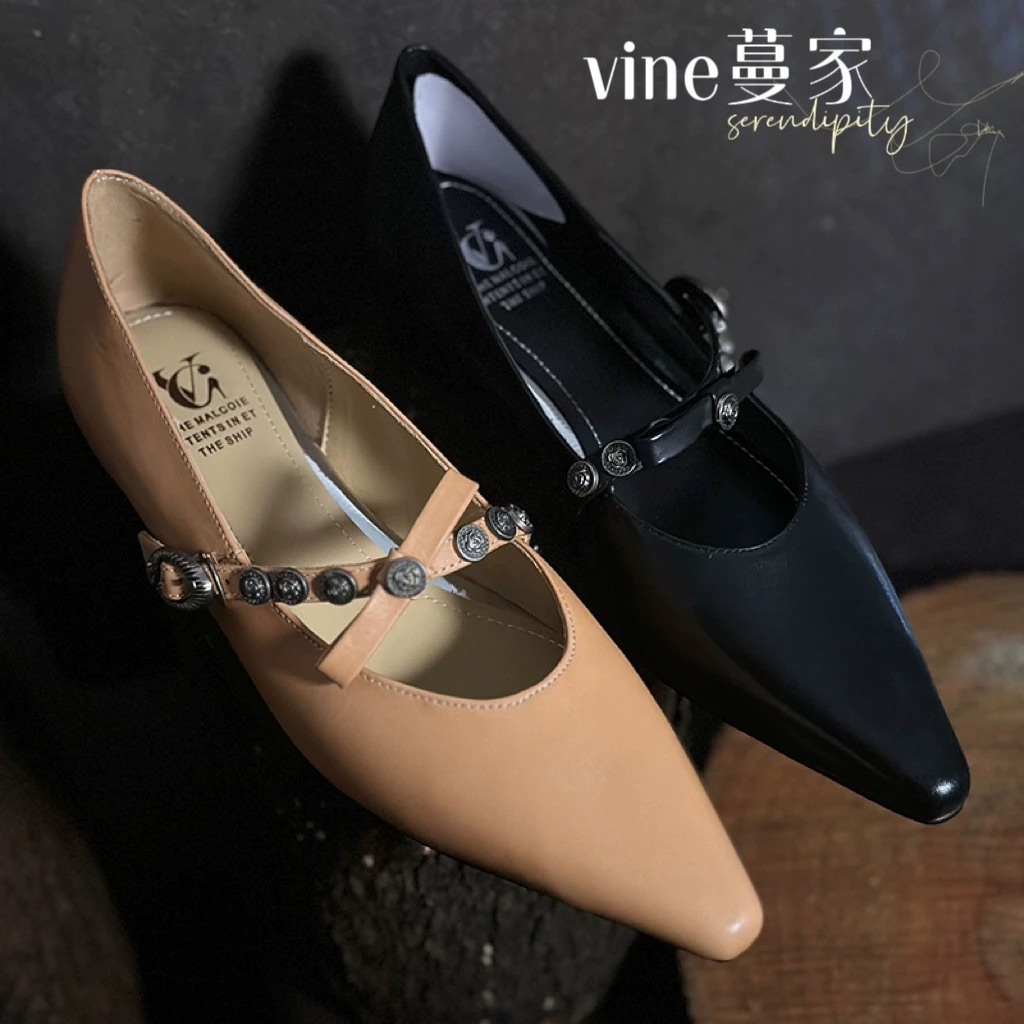 vine蔓家~尖头复古玛丽珍鞋一字带浅口粗跟单鞋女内增高通勤鞋
