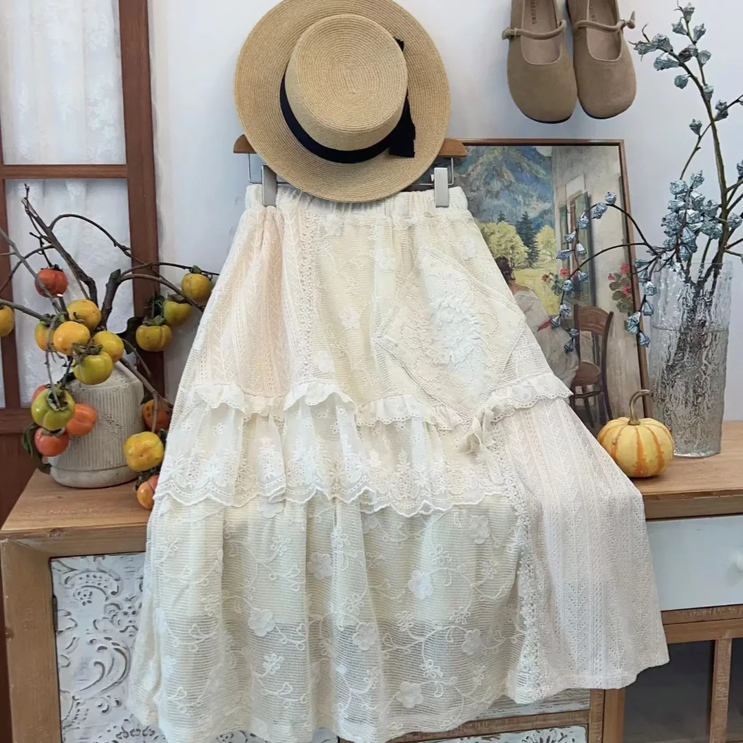 2025桔衣梓秋新 甜美温柔蕾丝花边松紧腰加绒加厚半身裙森女百搭