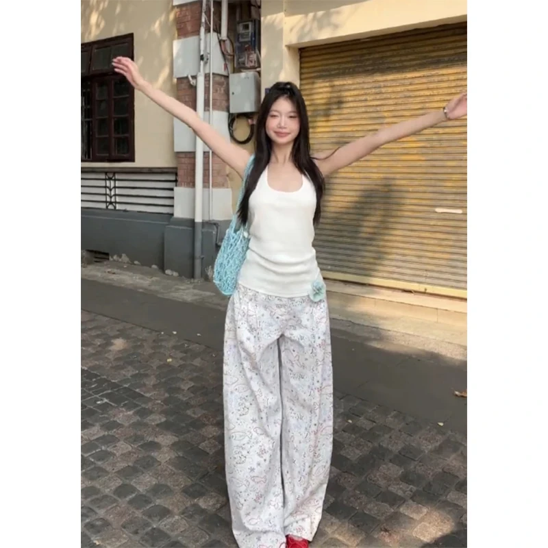 别致小鱼裤女白色卡通印花直筒阔腿裤女2025辣妹宽松休闲拖地裤潮