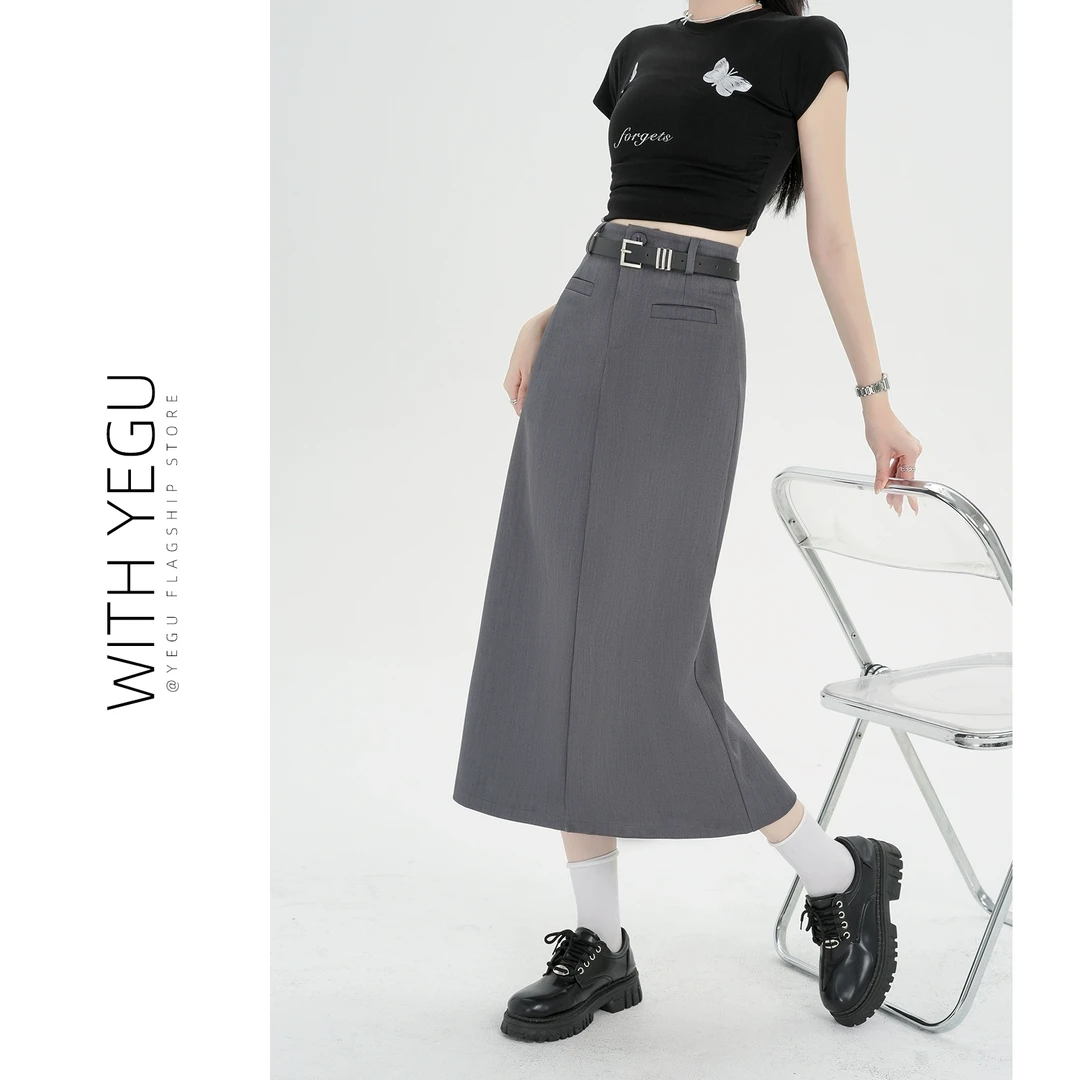 学院风灰色后开叉半身裙女夏季中长款高腰a字包臀裙小个子西装裙