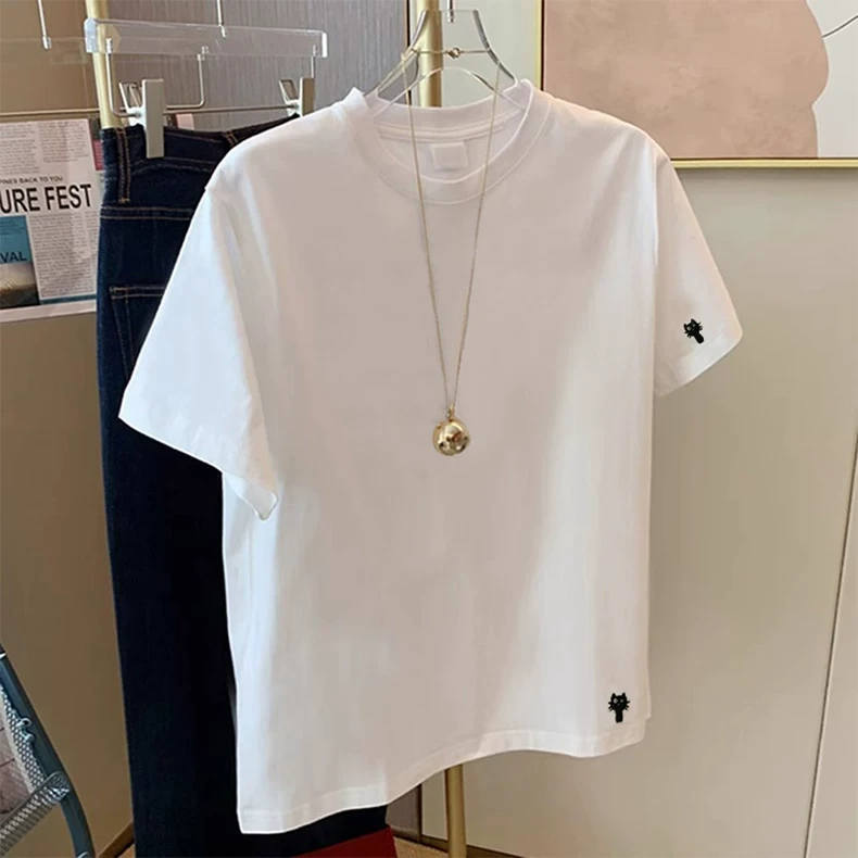 2025新款新款春夏季设计感白色短袖t恤女宽松百搭休闲简约上衣潮