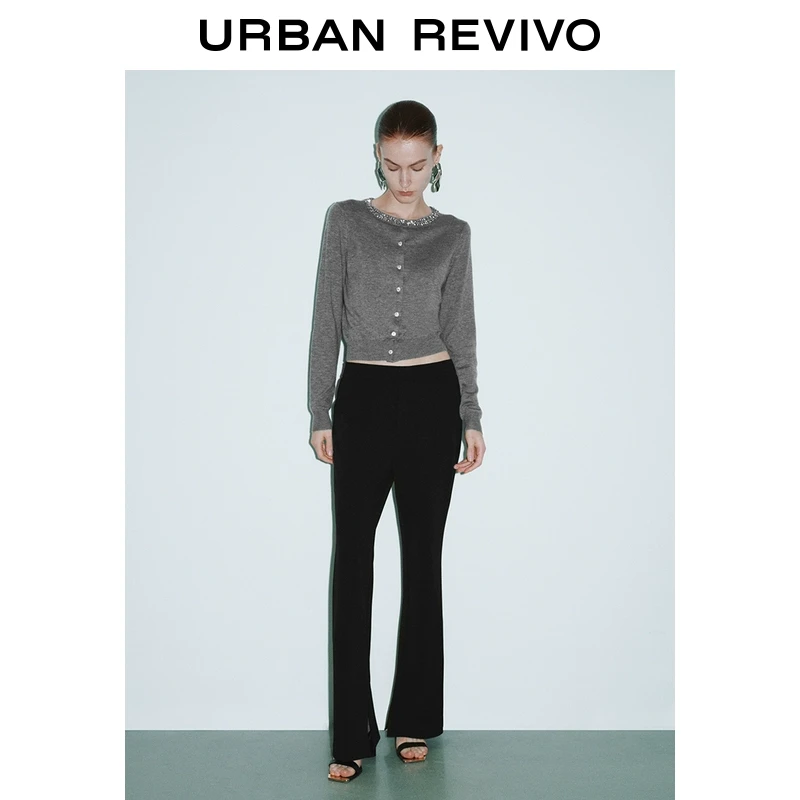 UR2025秋季新款女装格雷系钉珠装饰圆领针织开衫UWG950032