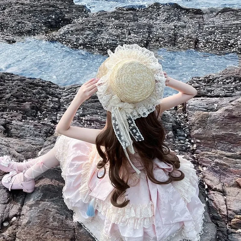 法式花朵蕾丝平顶草帽女秋季海边沙滩遮阳帽度假大帽檐太阳帽子潮