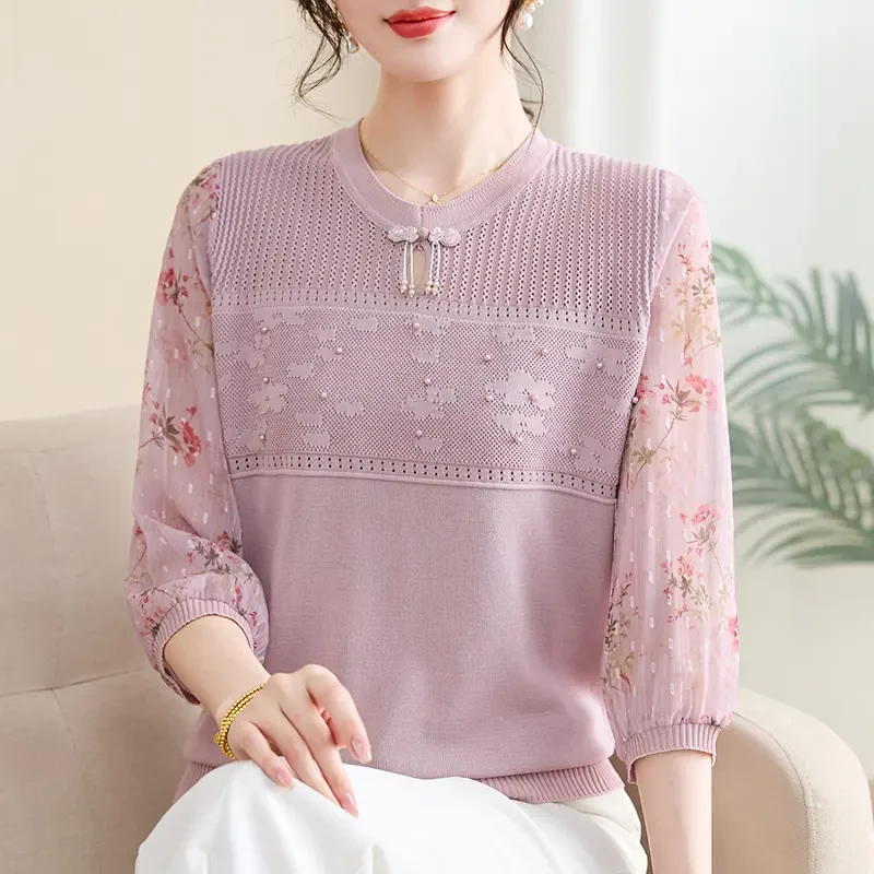 春秋款洋气时尚妈妈打底针织衫4050岁套头七分袖弹力衫显瘦上衣服