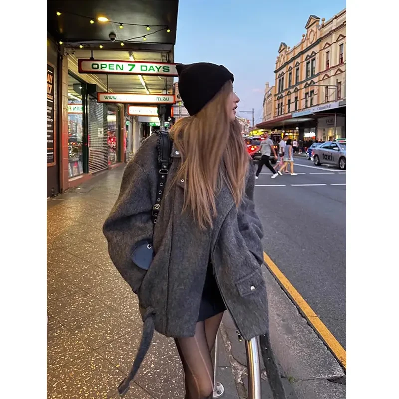 灰色短款呢子外套男秋冬痞帅设计感韩系毛呢大衣宽松休闲情侣夹克