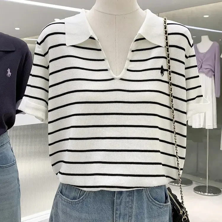 小马刺绣polo衫撞色卷边袖翻领打底衫老钱风v领针织短袖T恤上衣