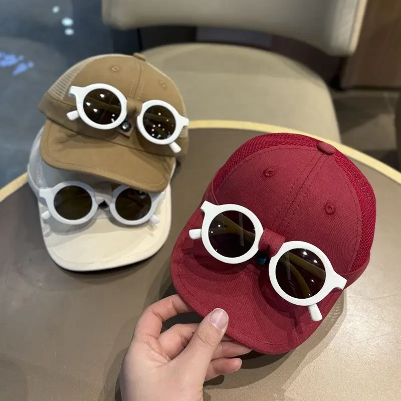 ins韩版个性眼镜鸭舌帽儿童遮阳春夏网眼棒球帽男女宝宝飞行员帽