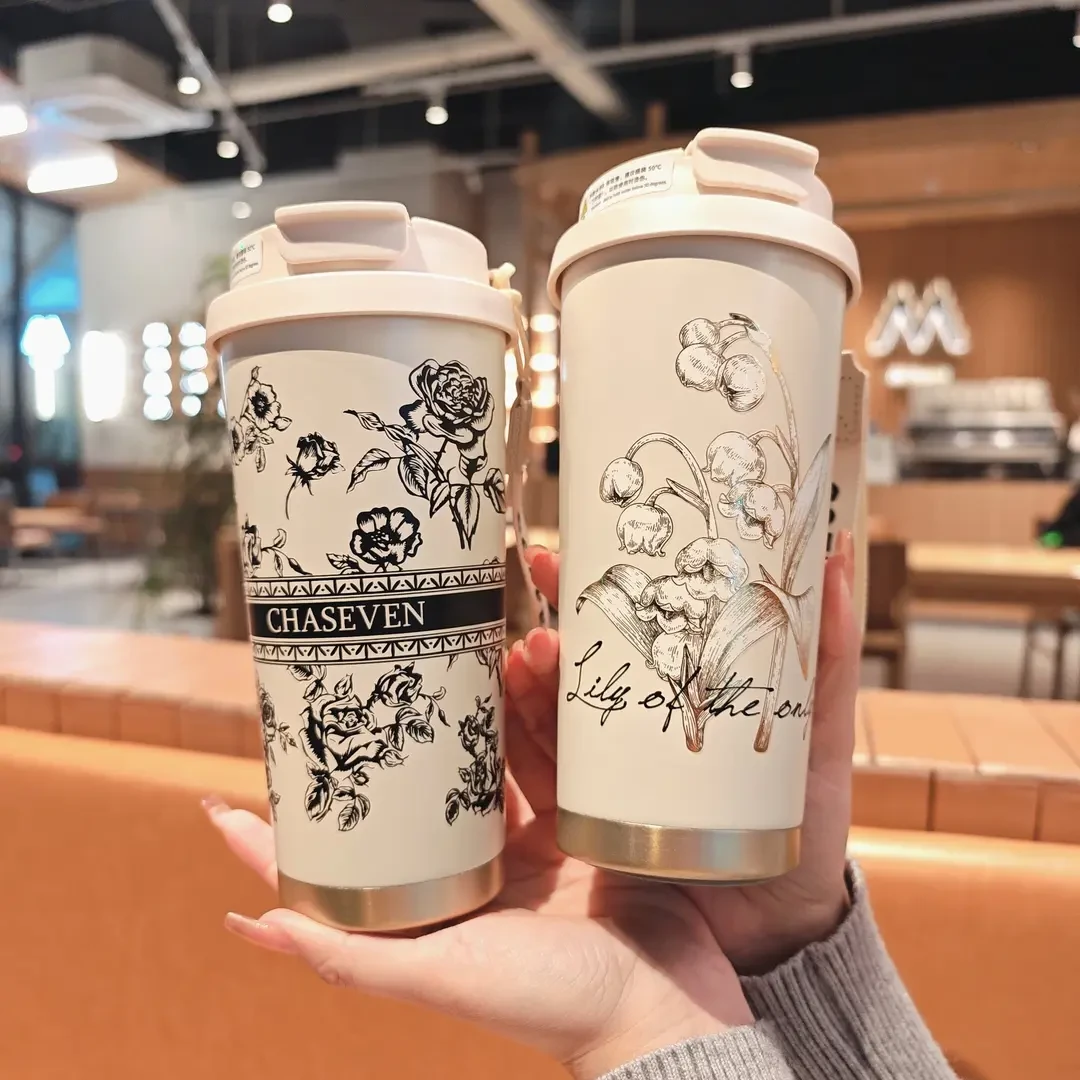 【熹熹】爆款铃兰鲜花系列陶瓷内胆高颜值轻奢双饮随身咖啡杯保温杯