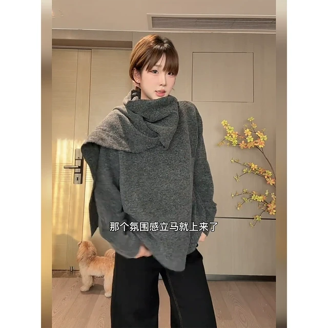 十三行秋冬围巾毛衣女2025新款加厚高级感小众宽松套头针织衫上衣