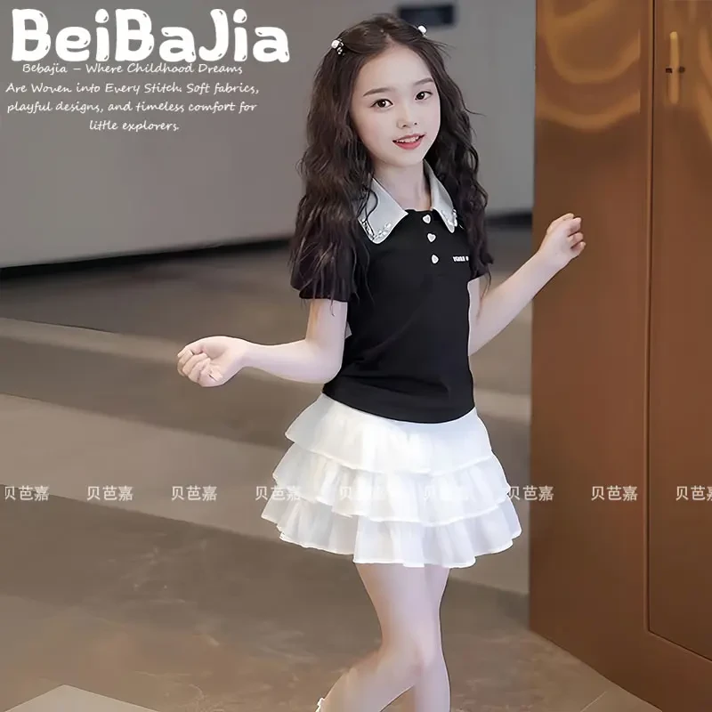 女童夏装套装2025韩版小女孩洋气POLO领夏季短袖拼接蛋糕裙两件套