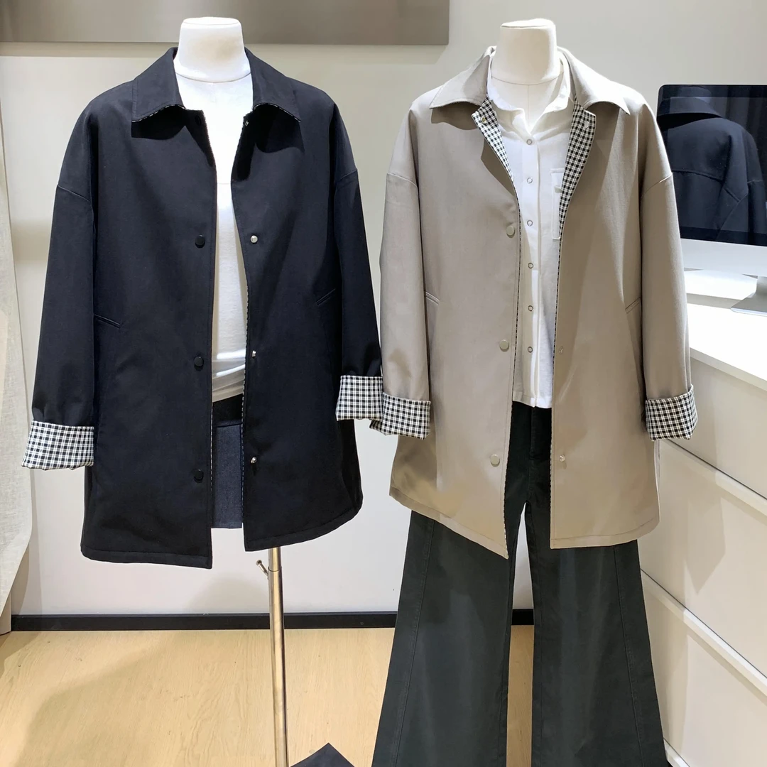 糯糯同款浅卡其/黑色翻领风衣外套休闲宽松春秋中长款法式女式
