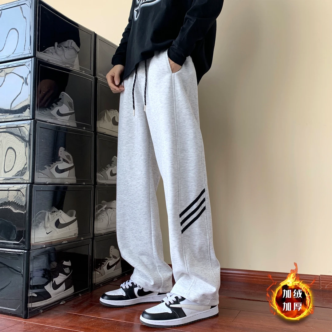 元赫裤子男秋冬款加绒加厚休闲裤美式复古宽松直筒男裤运动卫裤
