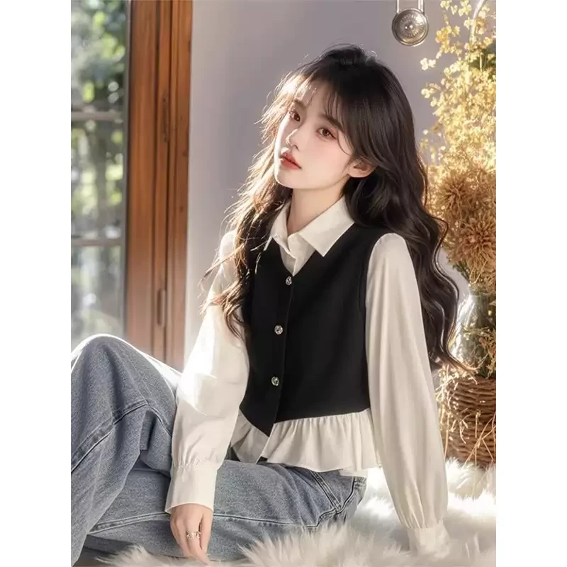 超好看撞色拼接假两件衬衫女2025春季新款设计感甜美减龄洋气衬衣