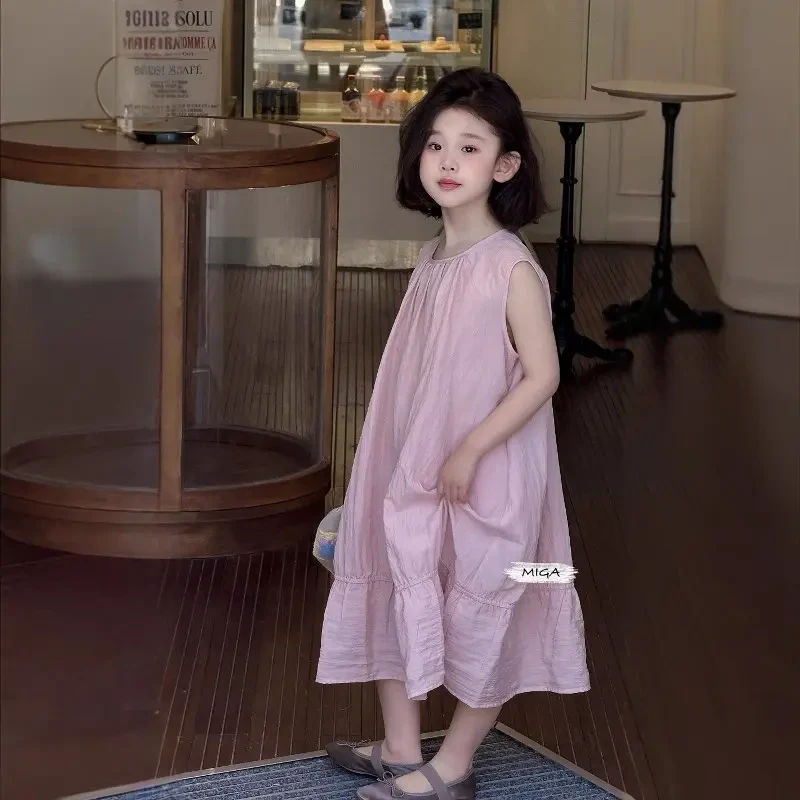 2025夏季女童韩版时尚简约宽松连衣裙儿童无袖洋气粉鱼尾裙
