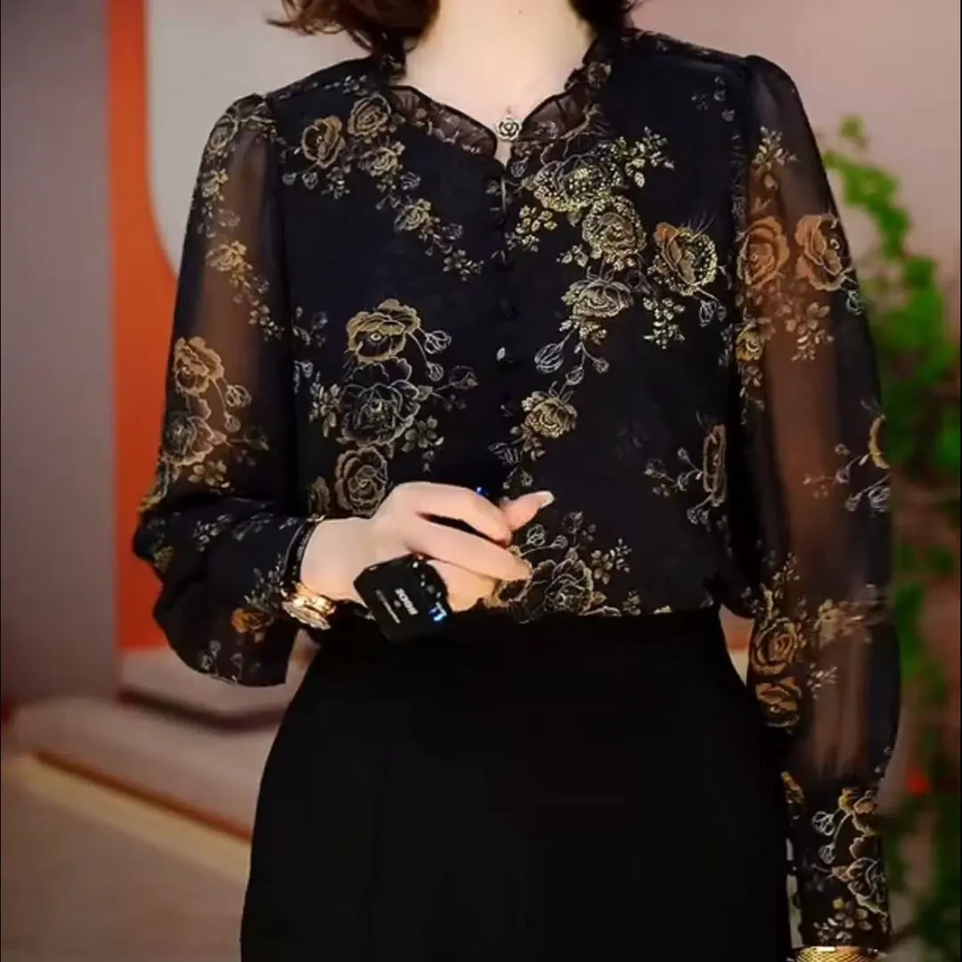 【春夏】新款时尚气质印花女衬衫减龄显瘦设计感舒适透气小衫上衣