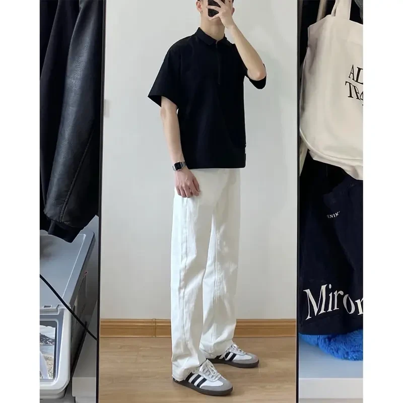 白色弹力牛仔裤男夏季cleanfit美式高街裤子直筒显瘦微喇裤