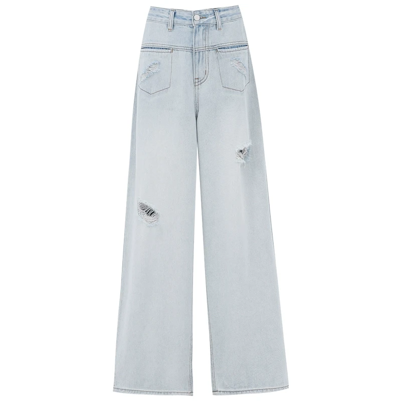 ABWEAR原创夏季新款美式复古水洗破洞直筒牛仔裤女高腰宽松阔腿裤