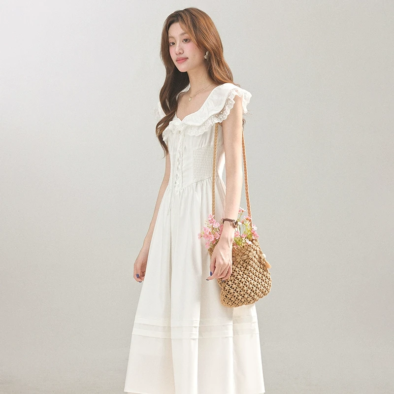 三寸藕【三寸藕一】2025夏款法式温柔风白色连衣裙收腰长裙L250584