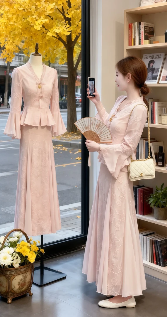 新中式套装女早秋巨好看蕾丝V领长袖上衣穿搭粉色半裙小香一整套