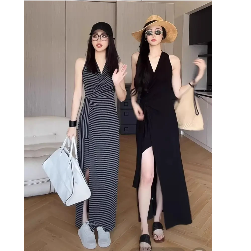 夏季不褪色无袖长裙法式韩版黑色针织夏装设计感收腰气质连衣裙