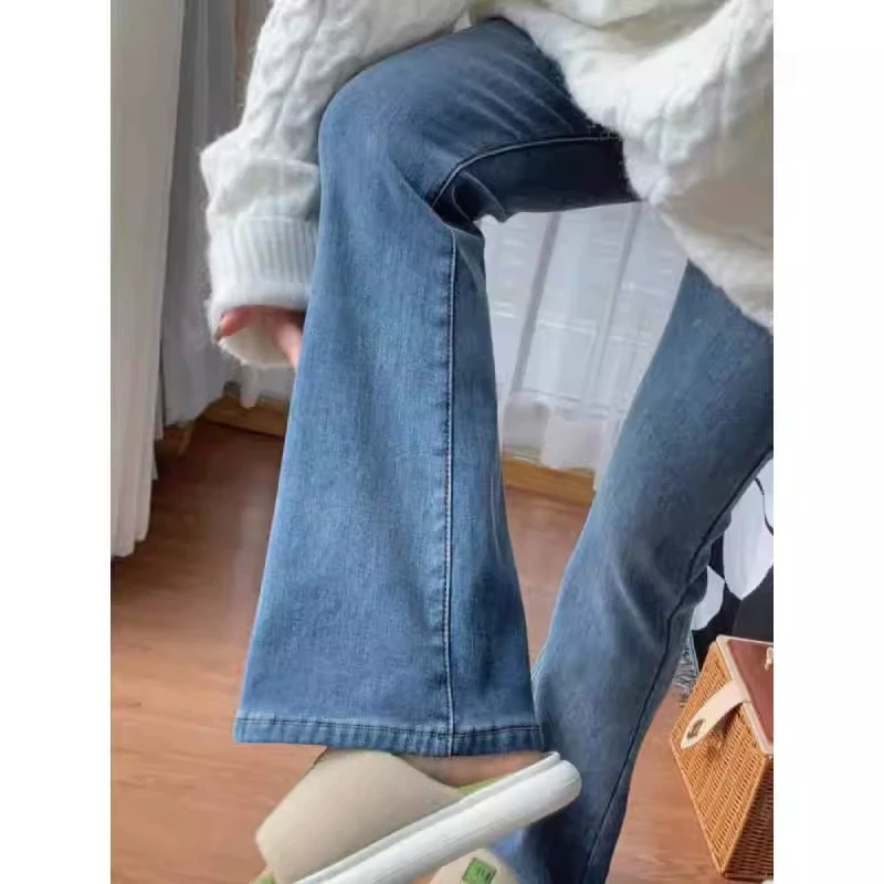 雪千羽美式复古蓝微喇叭牛仔裤女春新款高腰弹力修身小个子马蹄裤