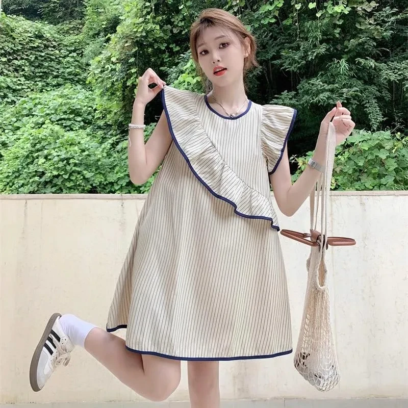 不规则荷叶边条纹小飞袖连衣裙女夏季洋气减龄小个子无袖娃娃裙子