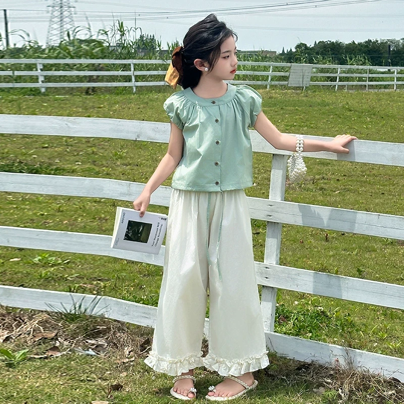 女童夏装娃娃衫套装2025新款洋气儿童韩版短袖衬衫阔腿裤夏季薄款