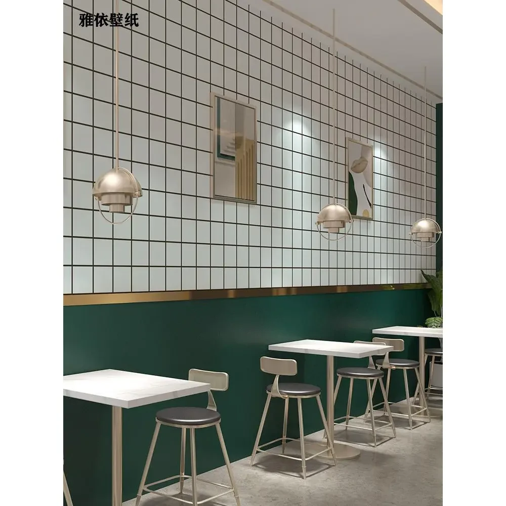 2025新款黑白格子墙纸自粘商用网红奶茶店店铺装修小吃店墙面墙布