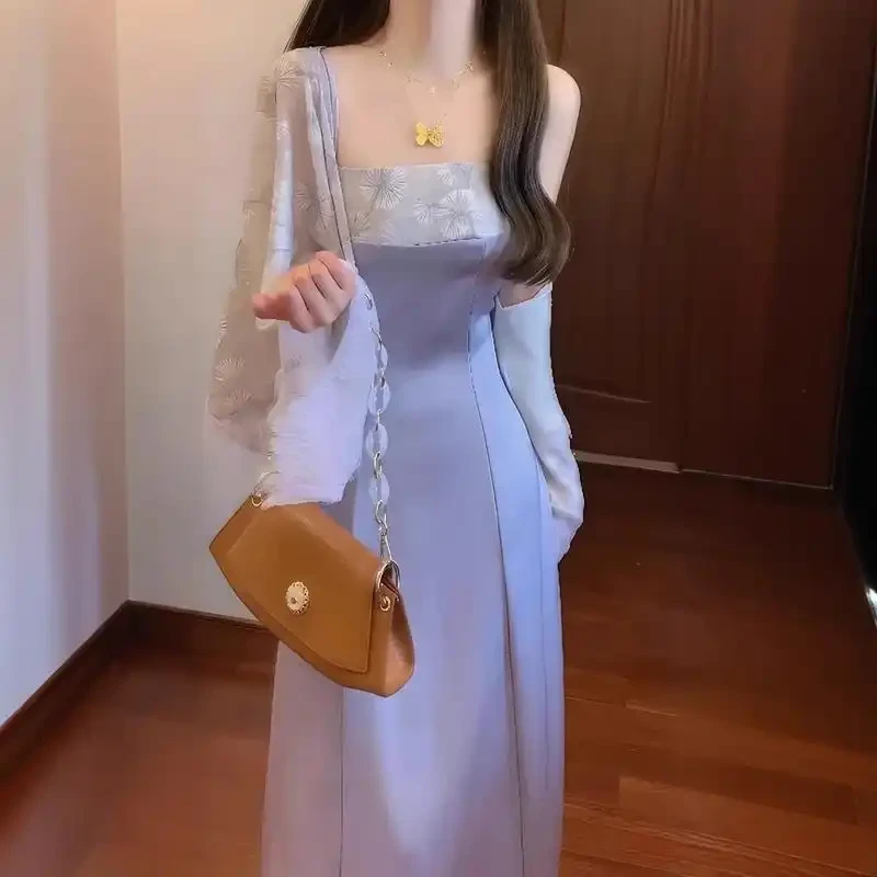 开春穿搭套装女大码胖mm开衫外套气质温柔新中式紫色吊带连衣裙子