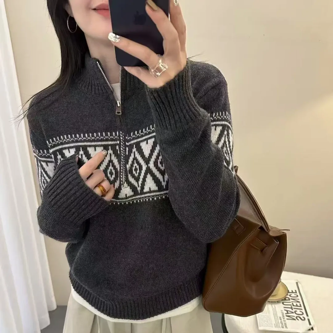 秋冬羊毛半拉链半高领针织毛衣女装新款减龄百搭021