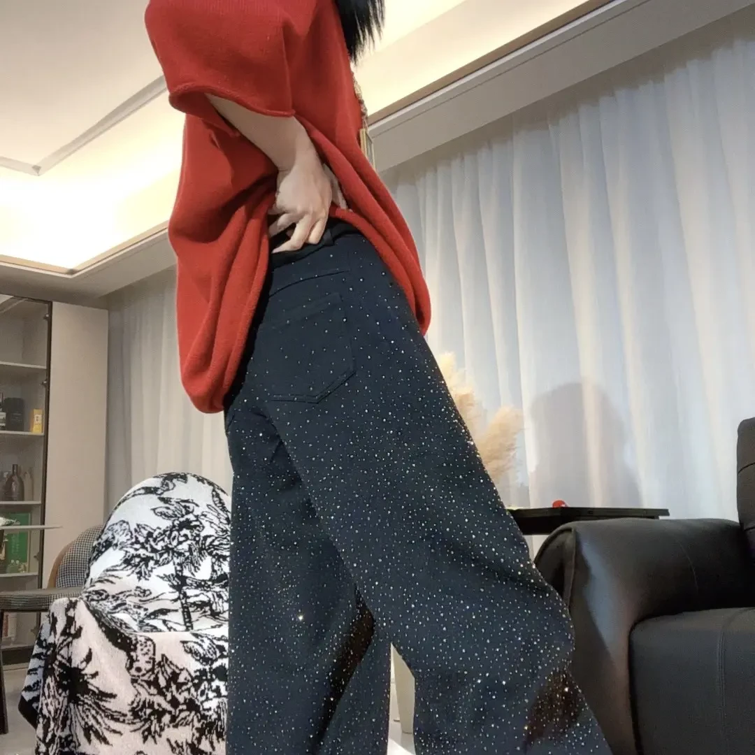 秋冬烫钻高腰宽松拖地显瘦百搭休闲直筒长裤洋气时尚减龄网红011