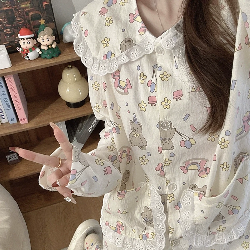 小熊礼物韩版春秋季云朵棉睡衣少女可爱学生慵懒风长袖宽松家居服