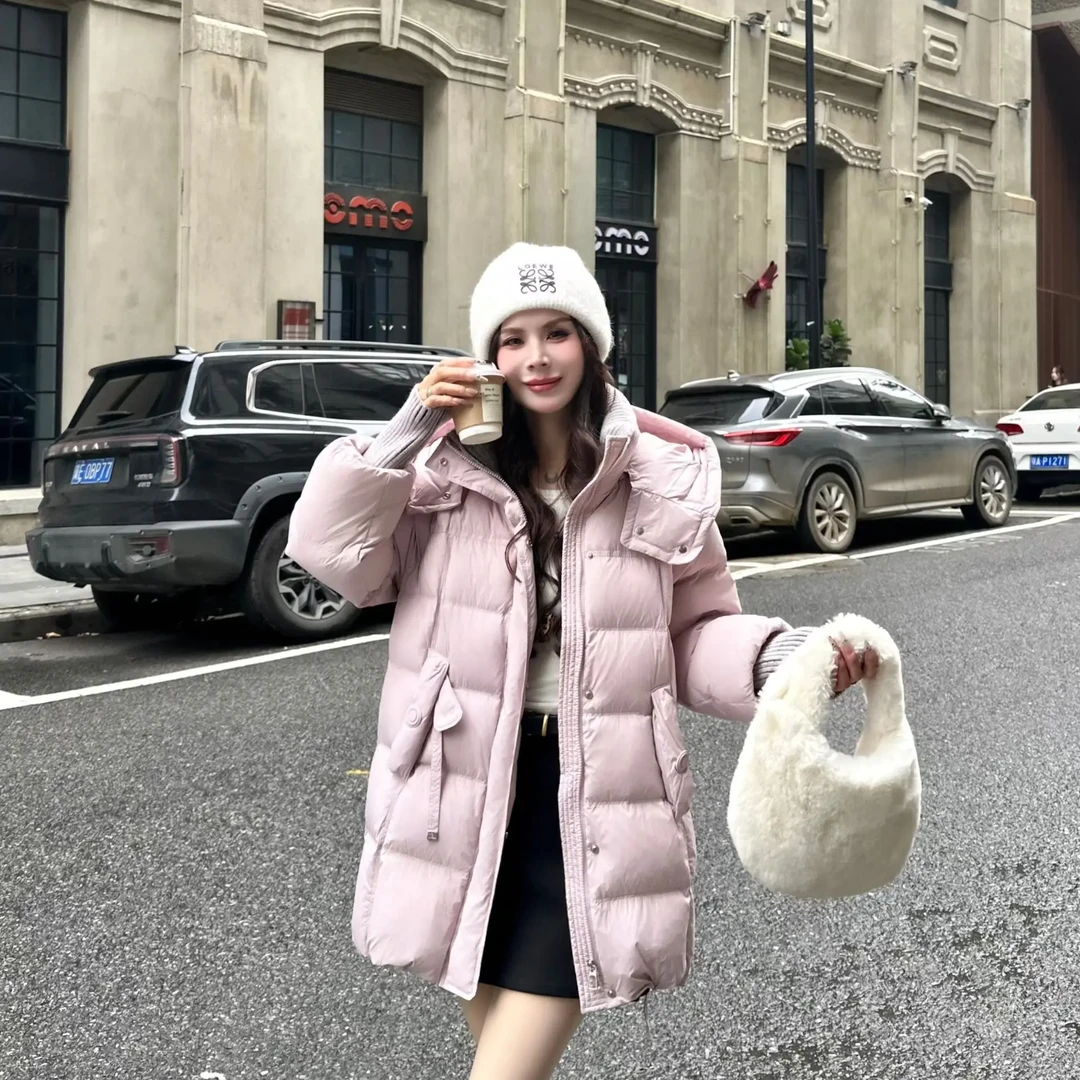 女式宽松新款帽子可卸带防风袖中长加厚白鸭绒羽绒服上市热销中