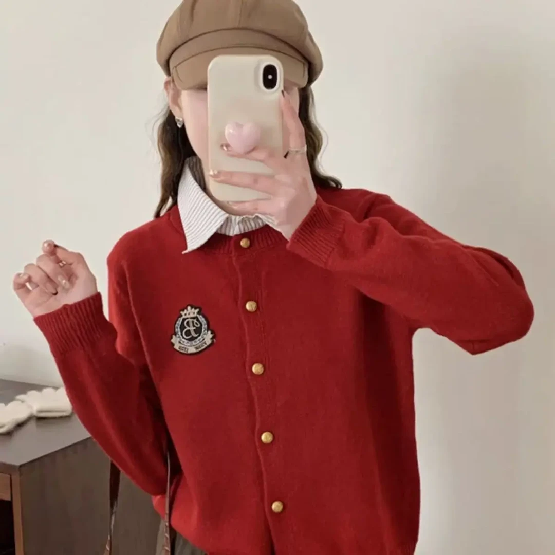 新款红色polo领假两件针织毛衣开衫学院风短款上衣