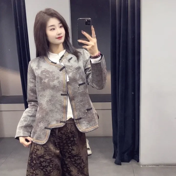 国风新款轻奢织带气质灰盘扣暗纹提花长袖新中式上衣女70083