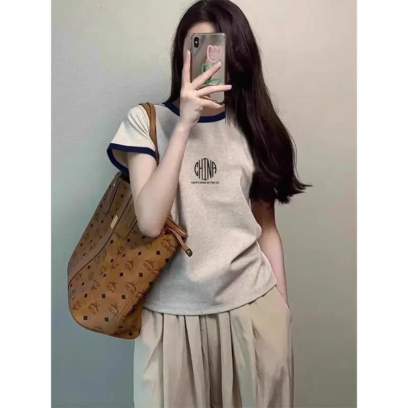 2025火爆拼色正肩圆领短袖t恤女小众设计感可外穿百搭上衣打底衫