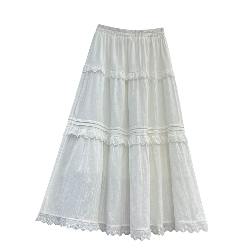 2025春季新款休闲百搭森系花边拼接中长款A字裙气质小白半身裙女