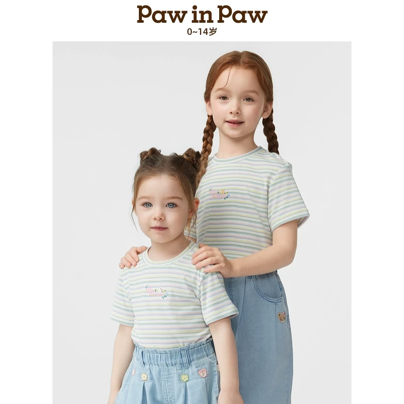 童装25年春季新款女童女宝圆领条纹短袖宽松T恤PCRAF2351E