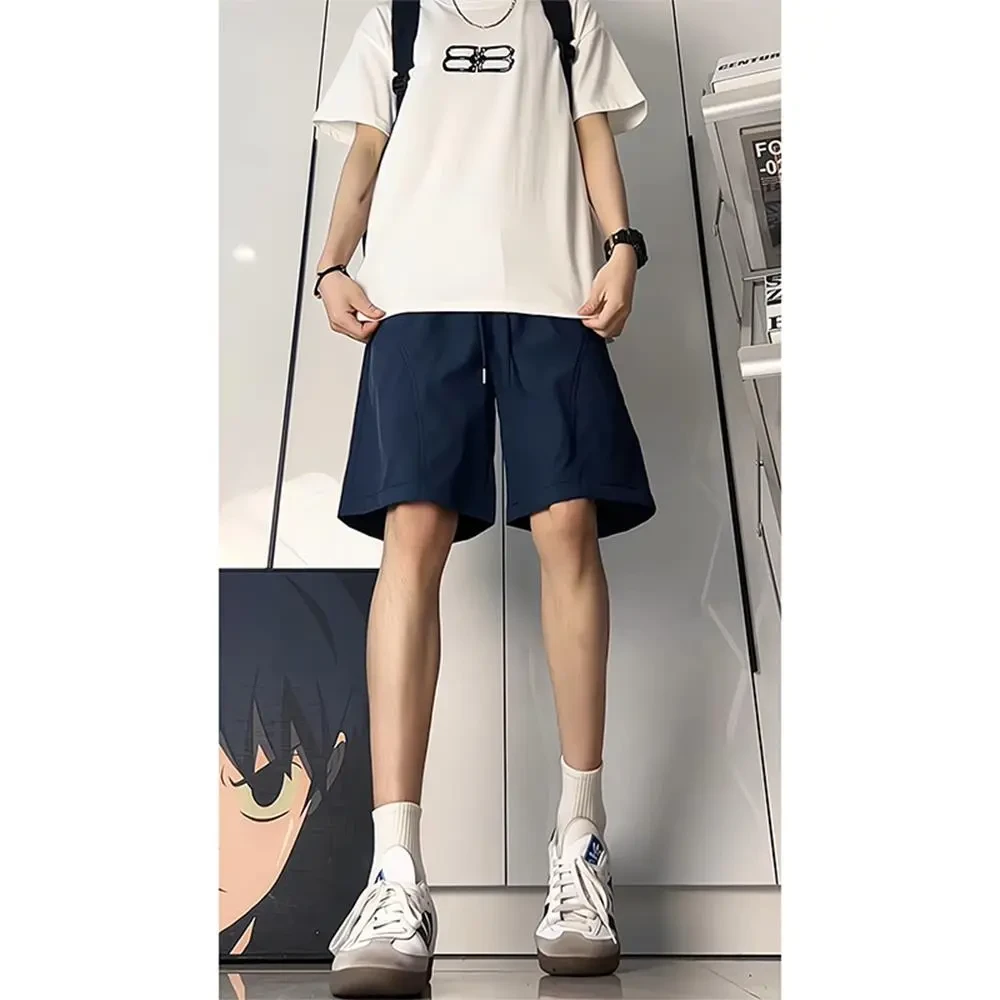 藏青色美式弯刀斜切短裤男夏季速干休闲裤子显腿长直筒宽松五分裤