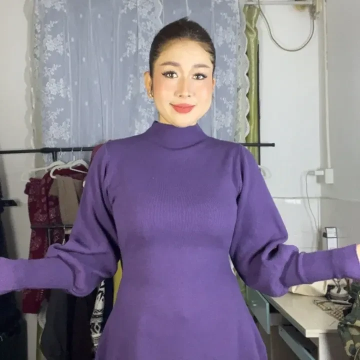 法式半高领灯笼袖收腰显瘦毛衣针织衫女秋冬新款气质百搭上衣