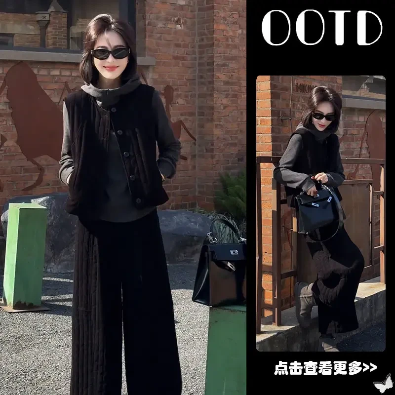 秋冬流行穿搭一整套女2025新款连帽卫衣叠穿马甲百搭休闲裤三件套
