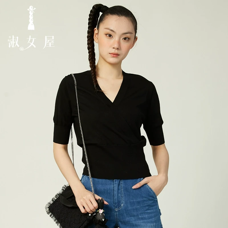淑女屋官方旗舰店2025艺术v领艺术毛衣