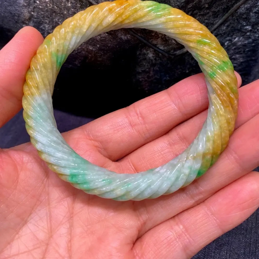 黄加绿麻花翡翠手镯