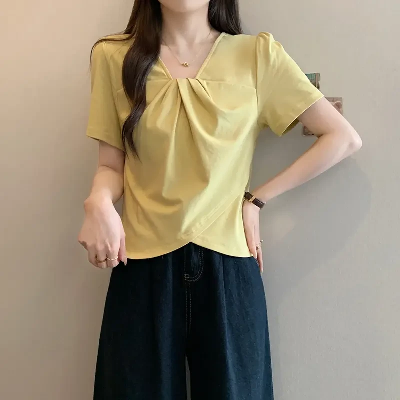 2025新款女时尚胖妹妹v领体恤轻奢高级感不规则正肩短袖T恤上衣