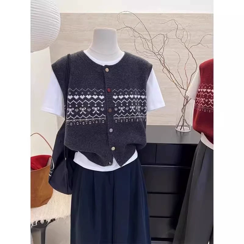 圆领提花设计感软糯无袖坎肩针织马甲时尚学院风叠穿羊绒背心上衣