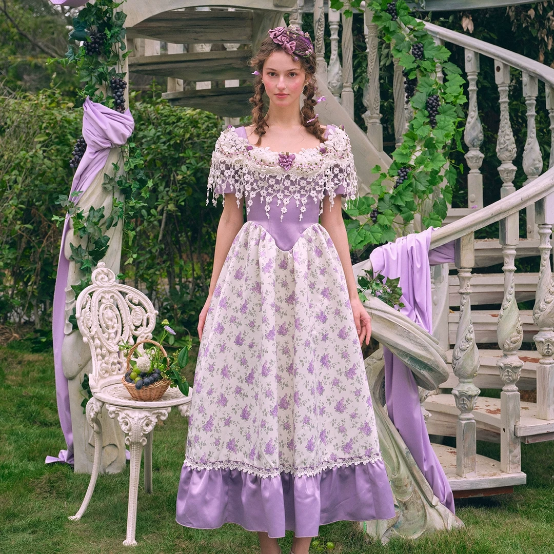 LaceMade 紫提花藤 法式田园仙女风紫色印花鱼骨连衣裙25LYQ1W02