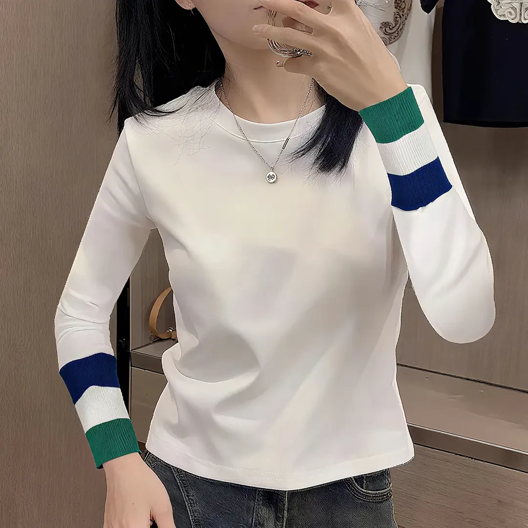 欧货纯 棉白色打底衫女新款内搭秋冬修身撞色加绒长袖T恤短款上衣